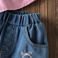 Girls Pink Bow Applique Sleeveless Top With Embroidered Denim Shorts Sets 2 pc. Sets