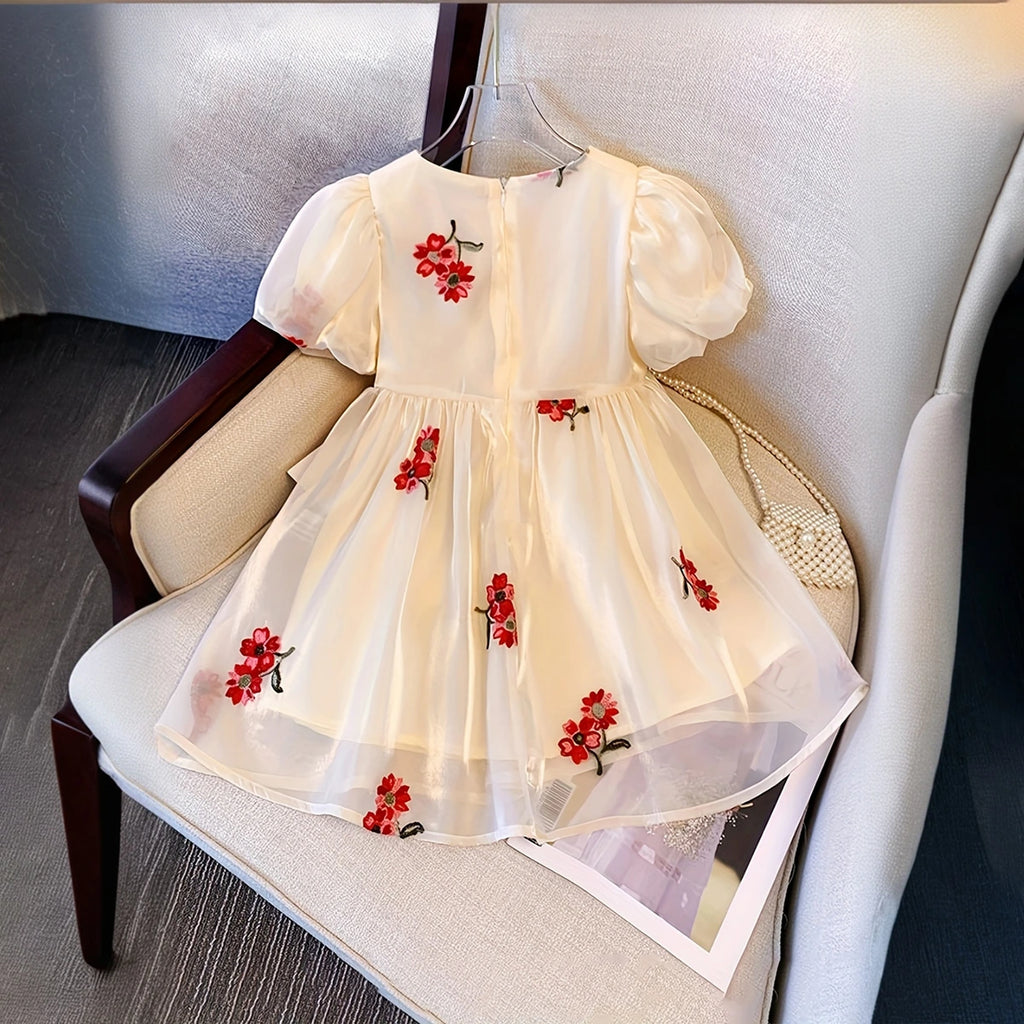 Girls Beige Embroidered Puff Sleeves Fit & Flare Party Wear Dress Party Dresses