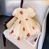 Girls Beige Embroidered Puff Sleeves Fit & Flare Party Wear Dress Party Dresses