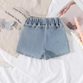 Girls Light Blue Floral Embroidered Denim Shorts Shorts