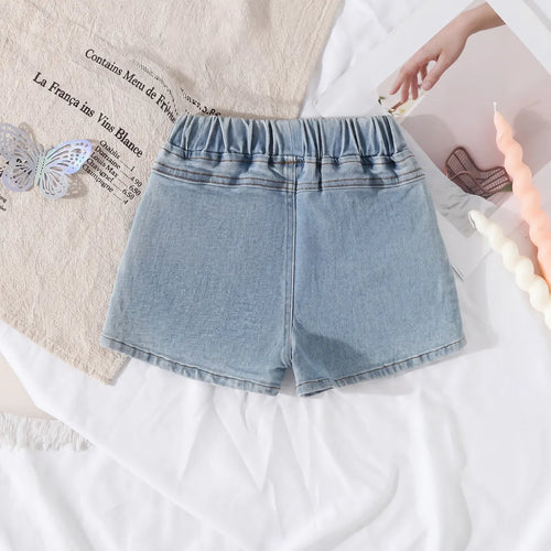 Girls Light Blue Floral Embroidered Denim Shorts Shorts