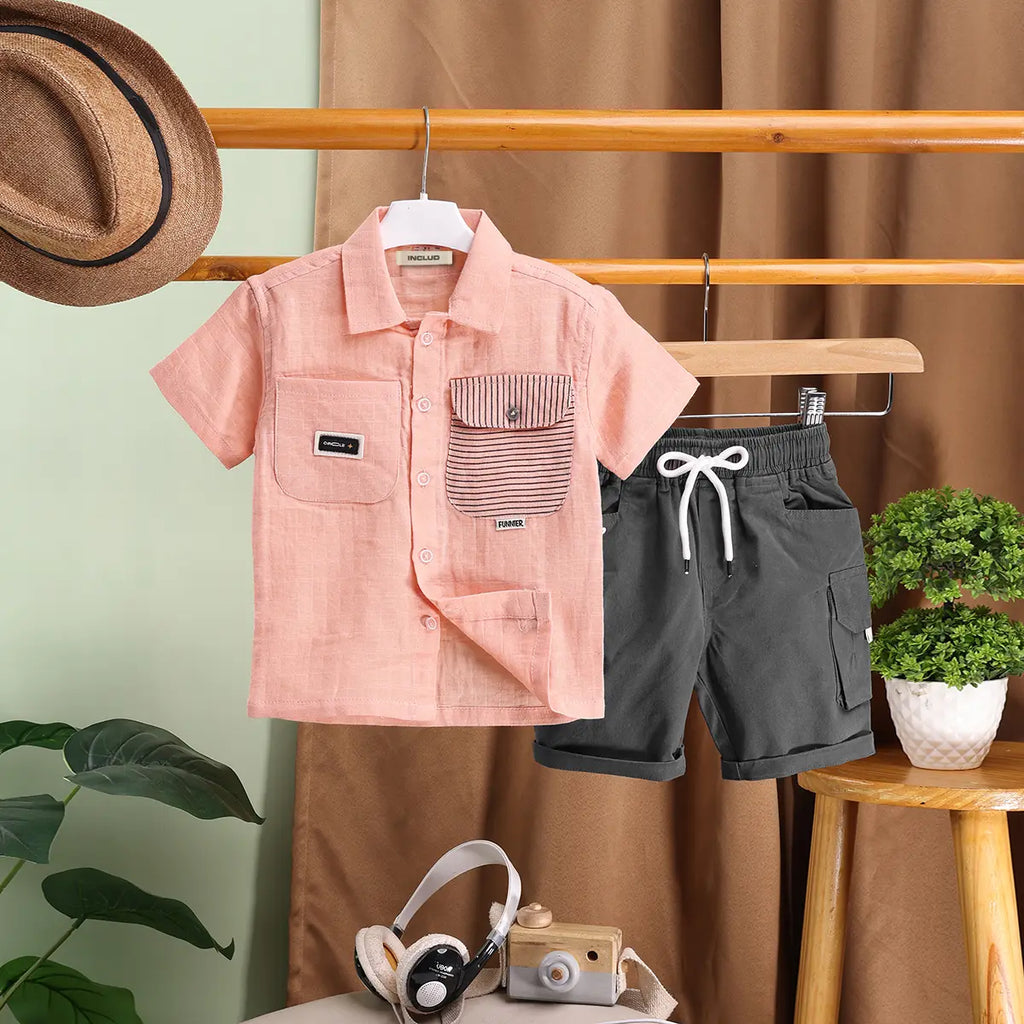 Boys Peach Checked Short Sleeves Shirt With Shorts Sets Sets Peach 0-1 Y