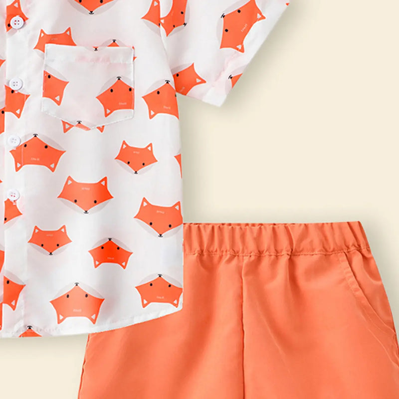 Boys Orange Abstract Print Short Sleeves Button-Down Shirt With Shorts Set Sets