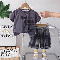 Boys Dark Grey Typographic Printed T-Shirt With Denim Shorts Sets Sets Dark Grey 1-2 Y