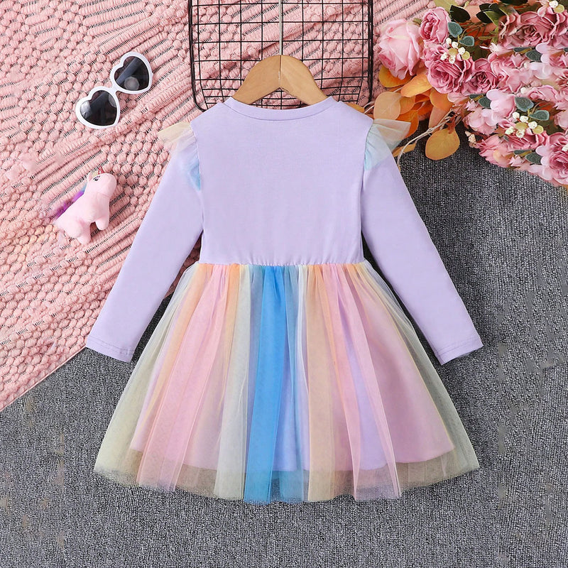 Girls Purple Unicorn Print Multicolored Tulle Overlay Dress Casual Dresses
