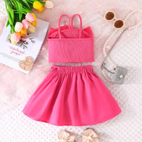 Girls Dark Pink Flower Applique Crop Top With Pleated Skirt Summer Set 2 pc. Sets