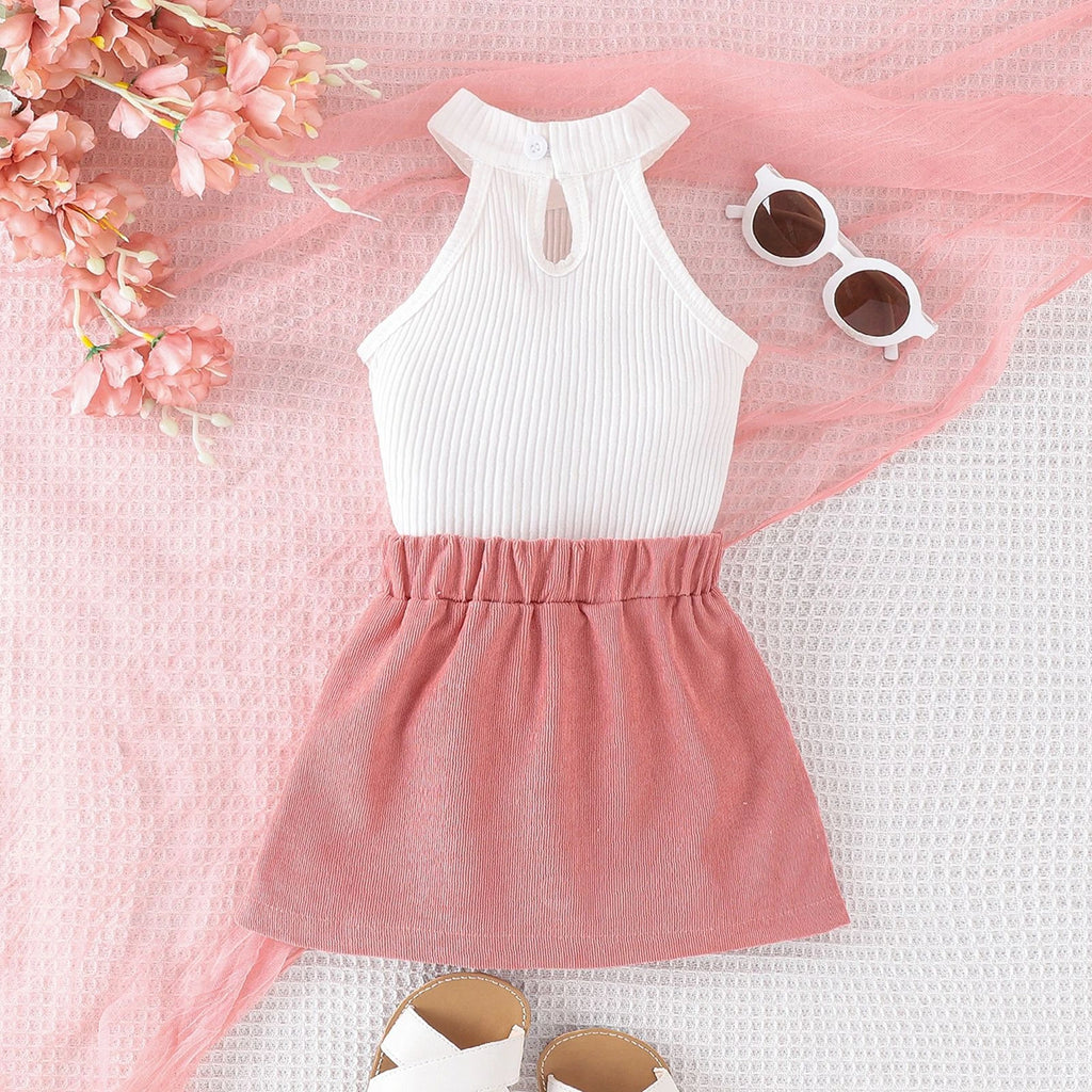 Girls White Sleeveless Ribbed Top With Elasticated Skirt Sets 2 pc. Sets
