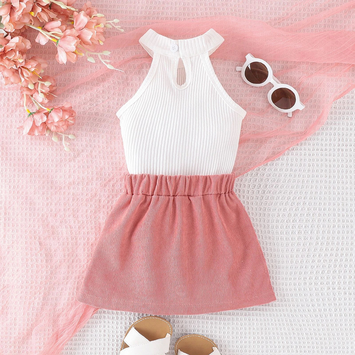 Girls White Sleeveless Ribbed Top With Elasticated Skirt Sets 2 pc. Sets