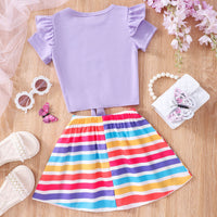 Girls Purple Printed Tie Knot Top With Stripes Skirt Set 2 pc. Sets