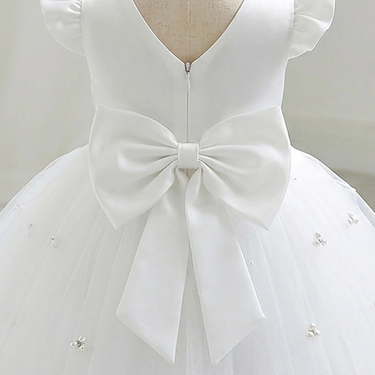 Girls White Pearl-Embellished Flutter Sleeve Fit & Flare Dress Casual Dresses