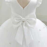 Girls White Pearl-Embellished Flutter Sleeve Fit & Flare Dress Casual Dresses