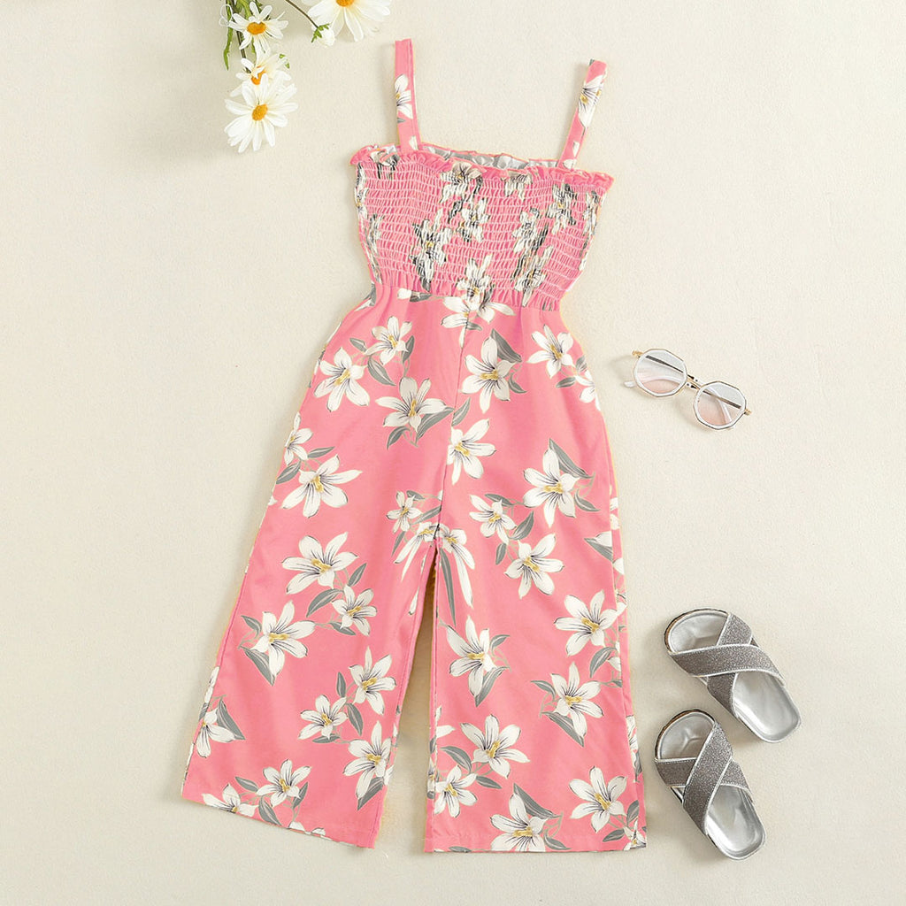 Girls Pink Floral Print Smocked Full Length Jumpsuit Jumpsuits