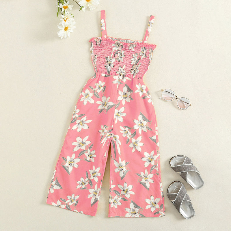 Girls Pink Floral Print Smocked Full Length Jumpsuit Jumpsuits