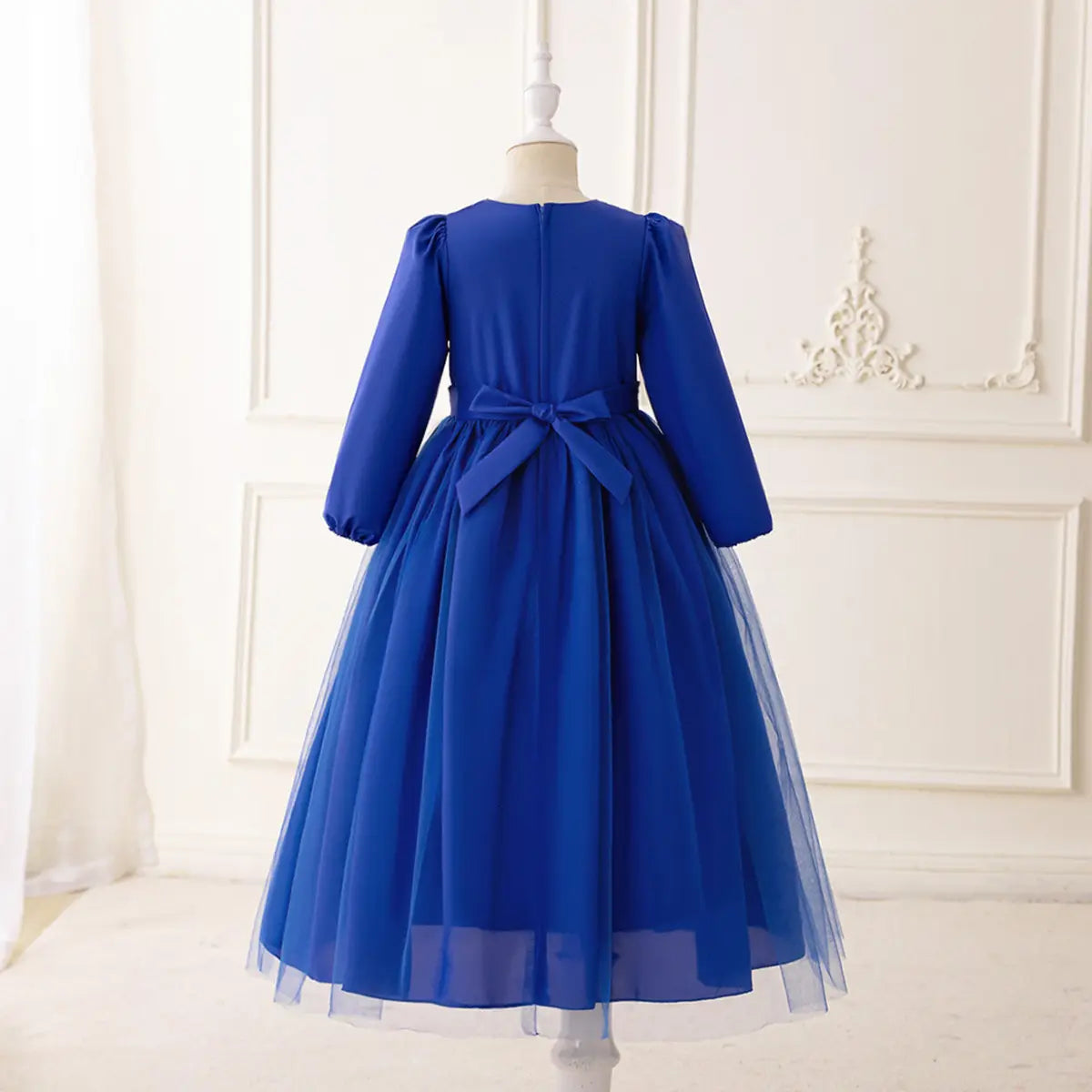 Girls Blue Embroidered Maxi Dress With Puff Sleeves Casual Dresses