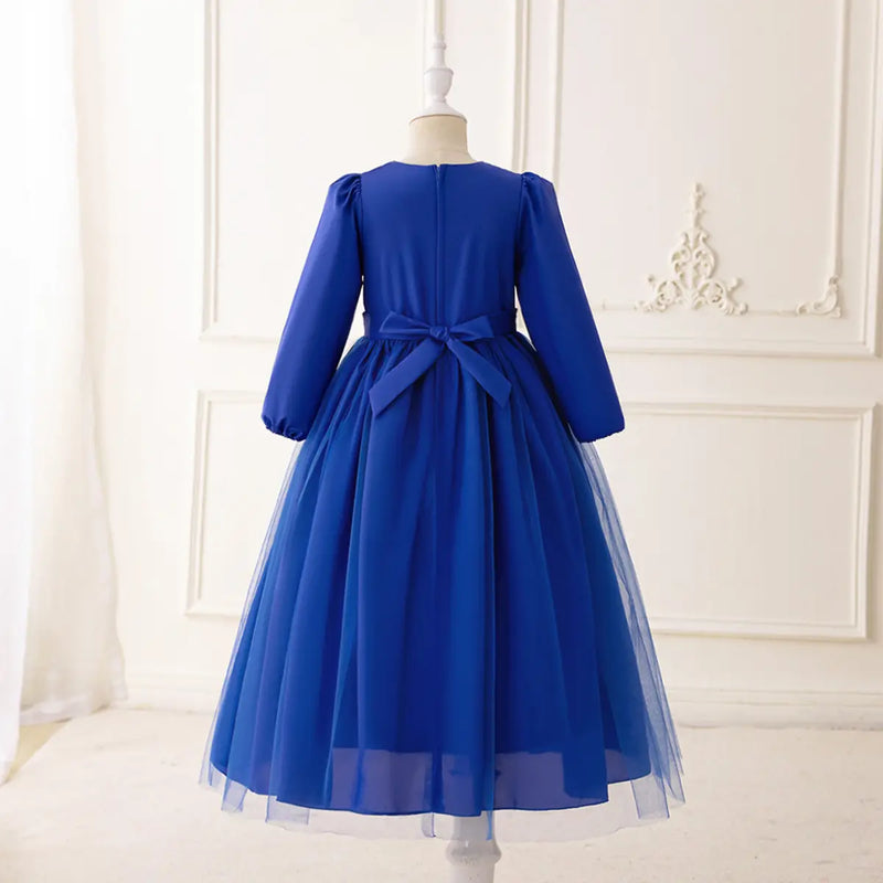 Girls Blue Embroidered Maxi Dress With Puff Sleeves Casual Dresses
