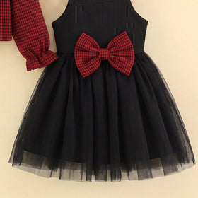 Girls Black Bow Applique Sleeveless Fit & Flare Dress With Shrug Casual Dresses
