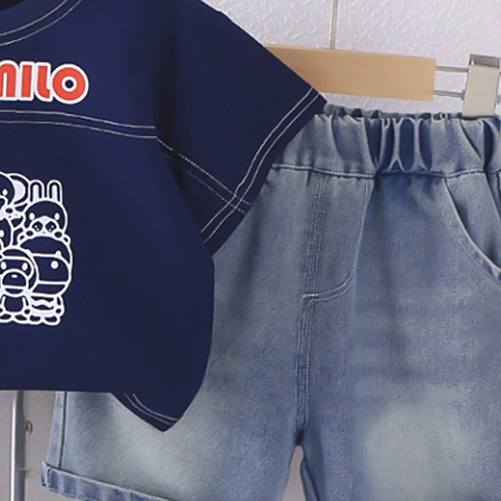 Boys Navy Blue Graphics Short Sleeves T-Shirt With Denim Shorts Set Sets