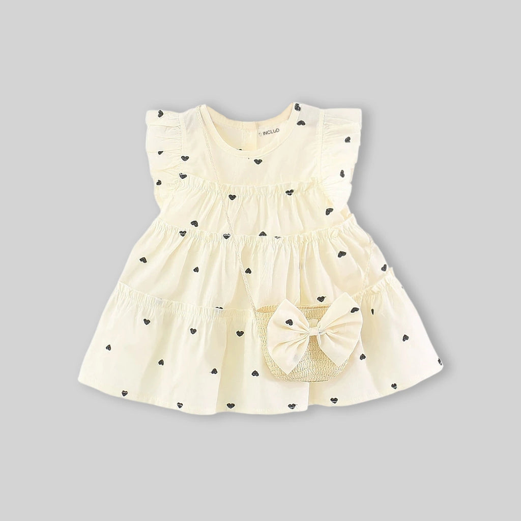 Girls Beige Heart Print Tiered A-Line Dress With Sling Bag Casual Dresses
