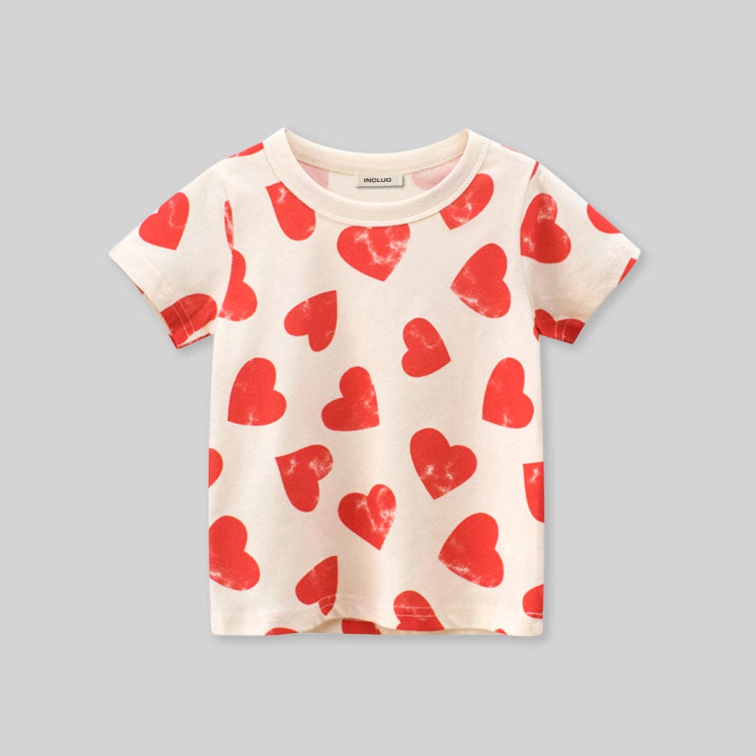 Girls Heart Print Short Sleeves T-shirt Tshirts   