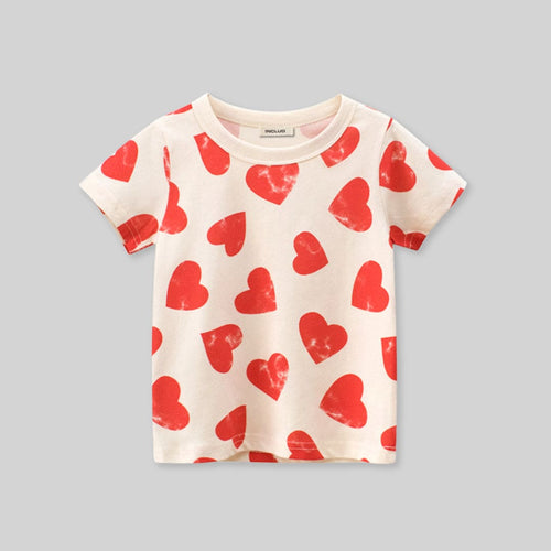 Girls Heart Print Short Sleeves T-shirt Tshirts   