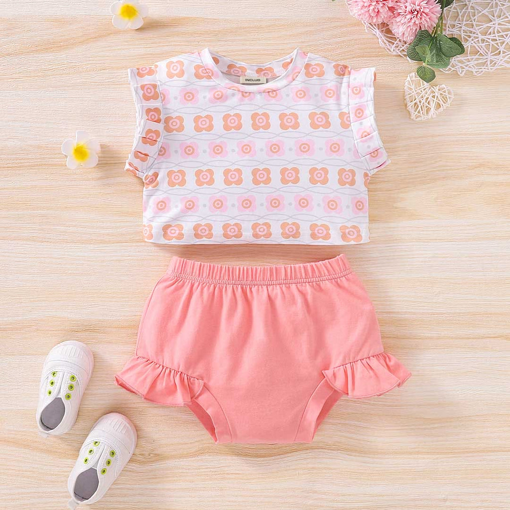 Girls Floral Print Top With Bloomer Shorts Set