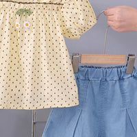 Girls Yellow Polka Dot Print Top With Pleated Denim Shorts Set Sets