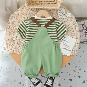 Boys Green Dog Motif Striped Short Sleeve T-Shirt With Dungaree Sets 2 pc. Sets
