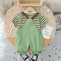 Boys Green Dog Motif Striped Short Sleeve T-Shirt With Dungaree Sets 2 pc. Sets
