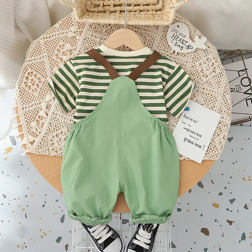 Boys Green Dog Motif Striped Short Sleeve T-Shirt With Dungaree Sets 2 pc. Sets