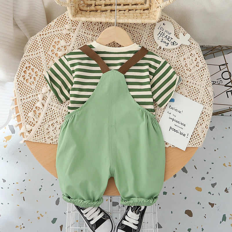 Boys Green Dog Motif Striped Short Sleeve T-Shirt With Dungaree Sets 2 pc. Sets