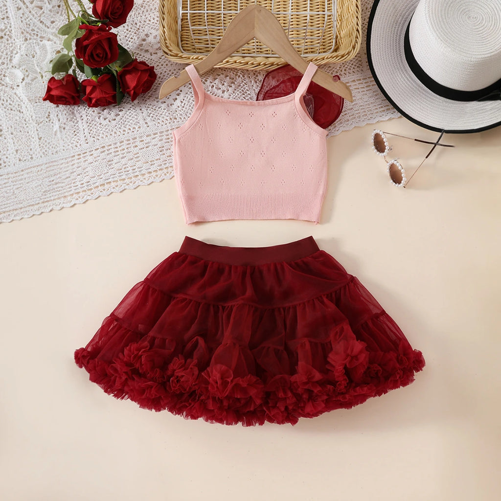Girls Pink 3D Flower Applique Crop Top With Tiered Tulle Skirts Set Sets