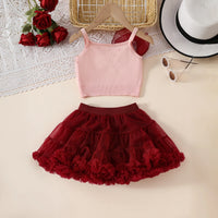 Girls Pink 3D Flower Applique Crop Top With Tiered Tulle Skirts Set Sets
