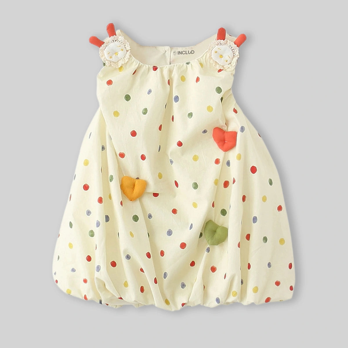 Girls Off White Polka Dot Print Heart Applique Balloon Dress Casual Dresses