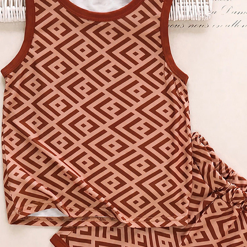 Boys Brown Geometric Print Vest With Shorts Sets 2 pc. Sets
