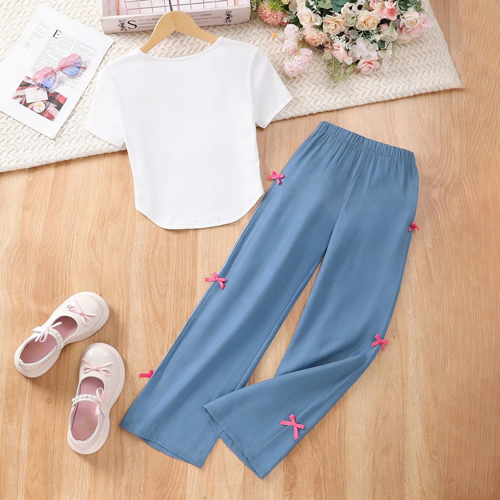 Girls White Butterfly Print Top With Bow Detailed Pants Sets Sets