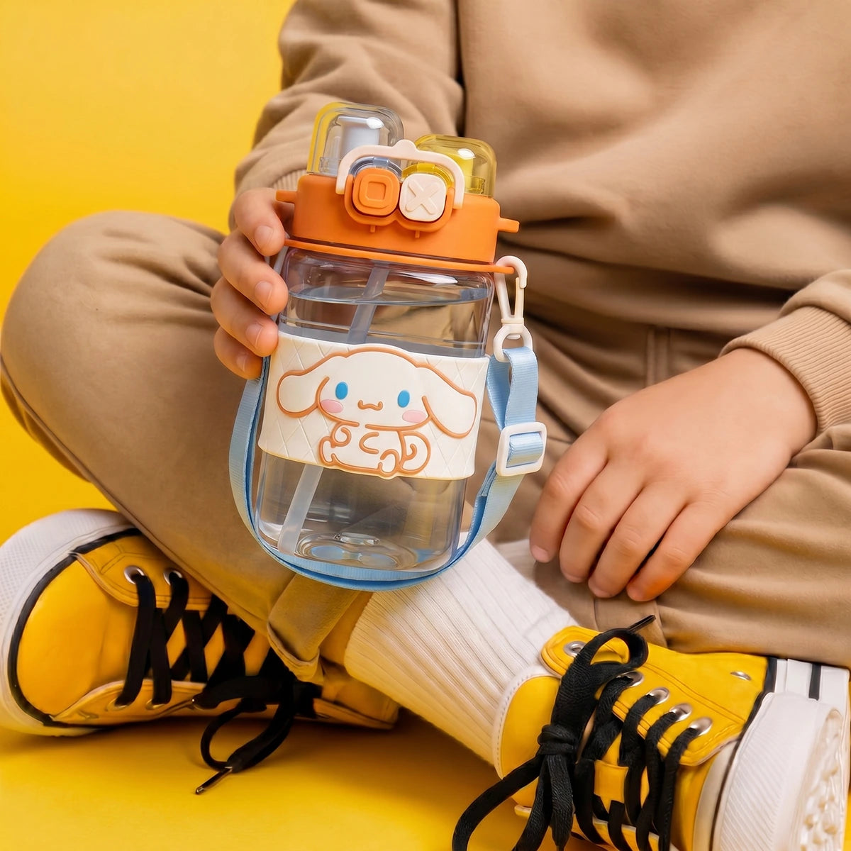 Cute Kids Orange Dual Spout Water Bottle with Straw, Leakproof Lid & Adjustable Strap Trending Accessories