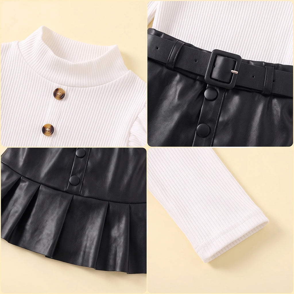 Girls White High Neck Top With Faux Leather Skirt Set Sets