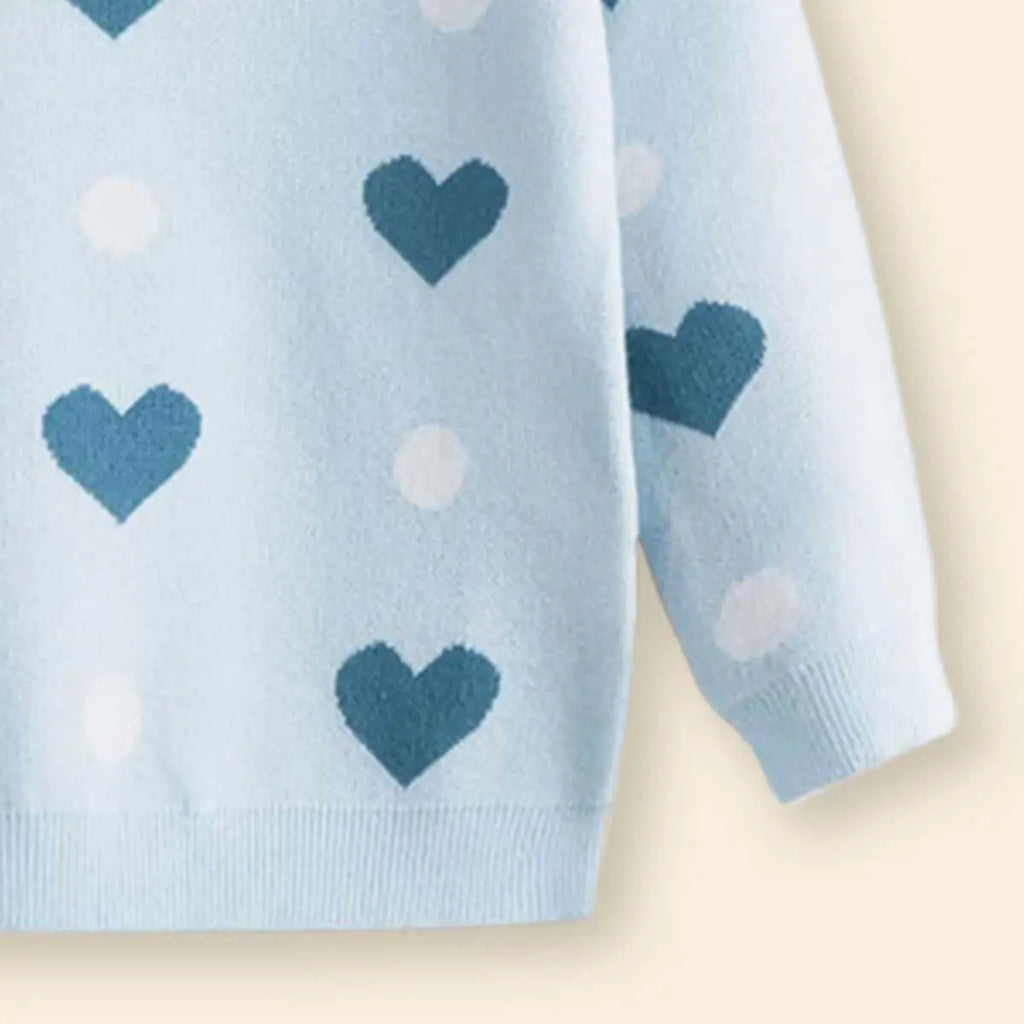 Girls Sky Blue Sweater With Self-Design Heart Patterns Sweaters & Cardigans