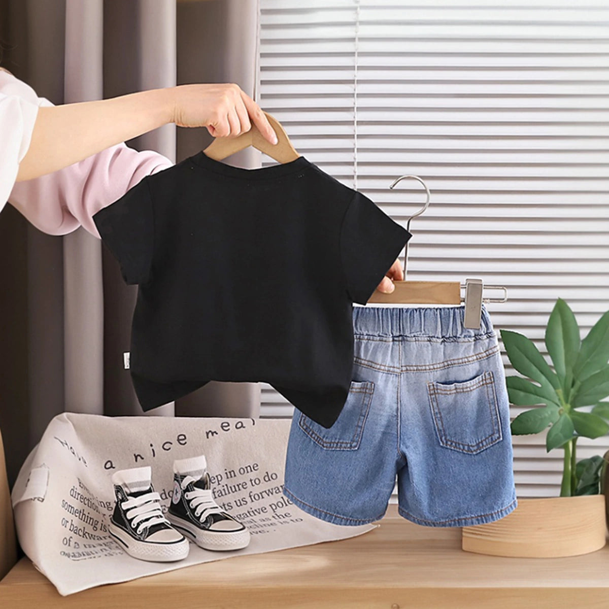 Boys Black Gaming Console Print T-Shirt With Denim Shorts Set Sets