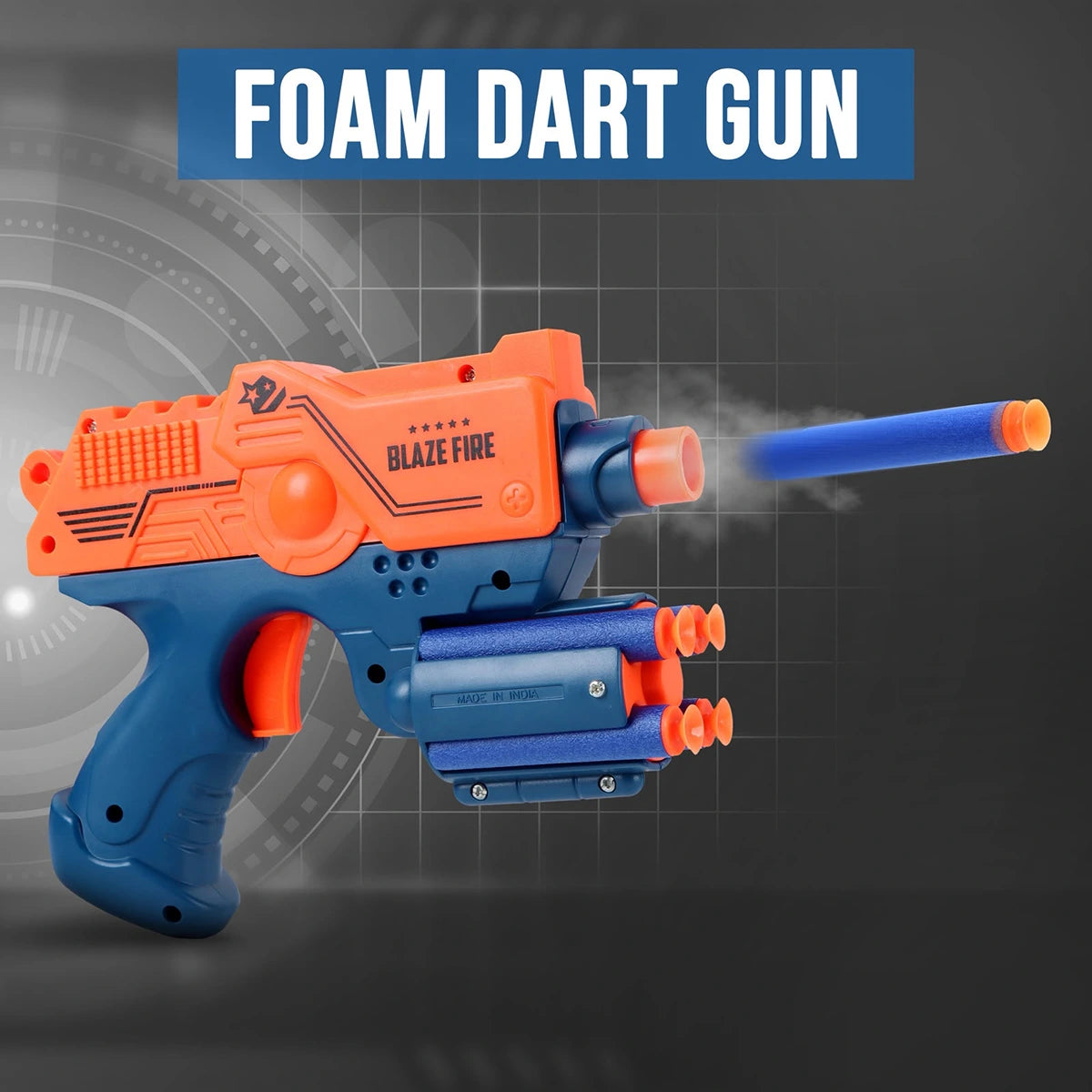 Blue and orange Blaze Fire toy gun with ten soft foam bullets