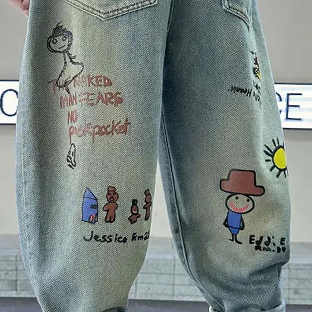 Boys Light Blue Loose Fit Denim Pants with Graphic Print Pants