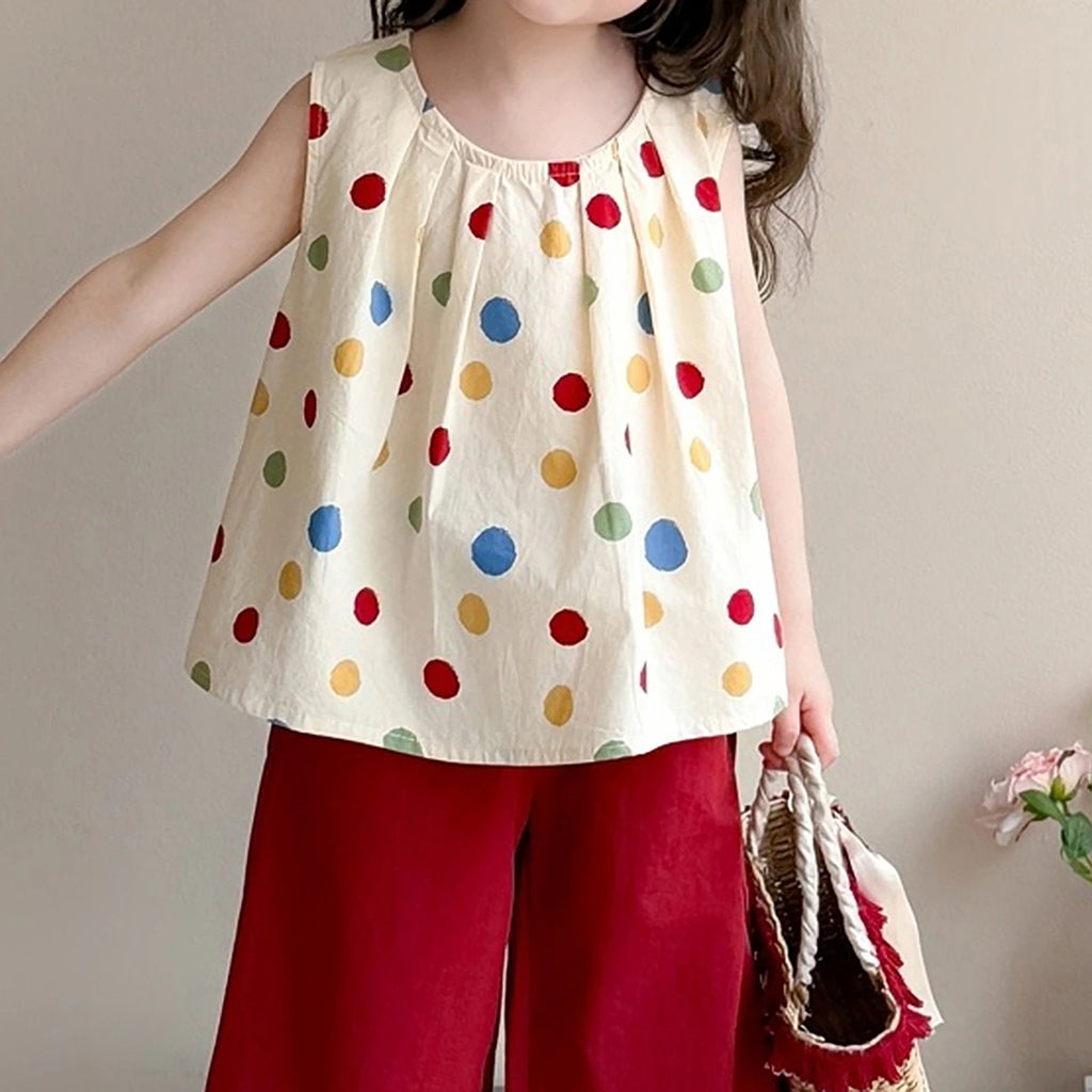 Girls Red Polka Dot Print Top With Elasticated Pants Sets Sets
