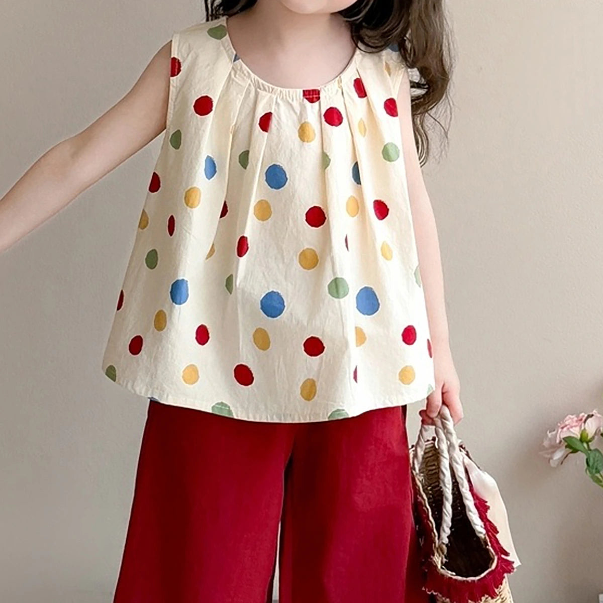 Girls Red Polka Dot Print Top With Elasticated Pants Sets Sets