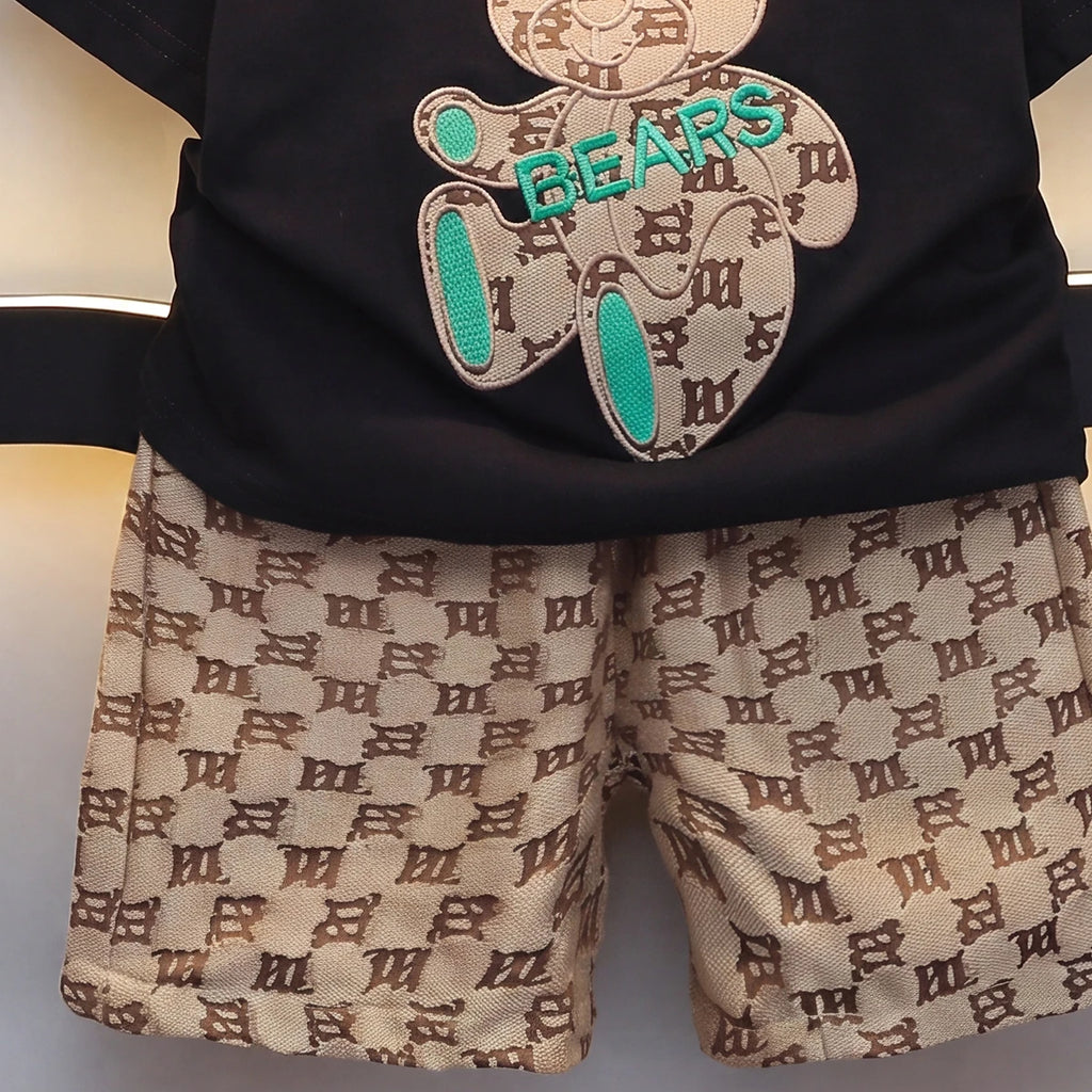 Boys Black Short Sleeve Bear Applique T-Shirt With Shorts Sets 2 pc. Sets
