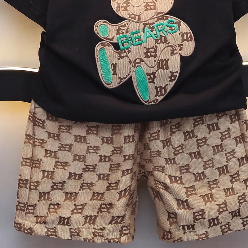 Boys Black Short Sleeve Bear Applique T-Shirt With Shorts Sets 2 pc. Sets