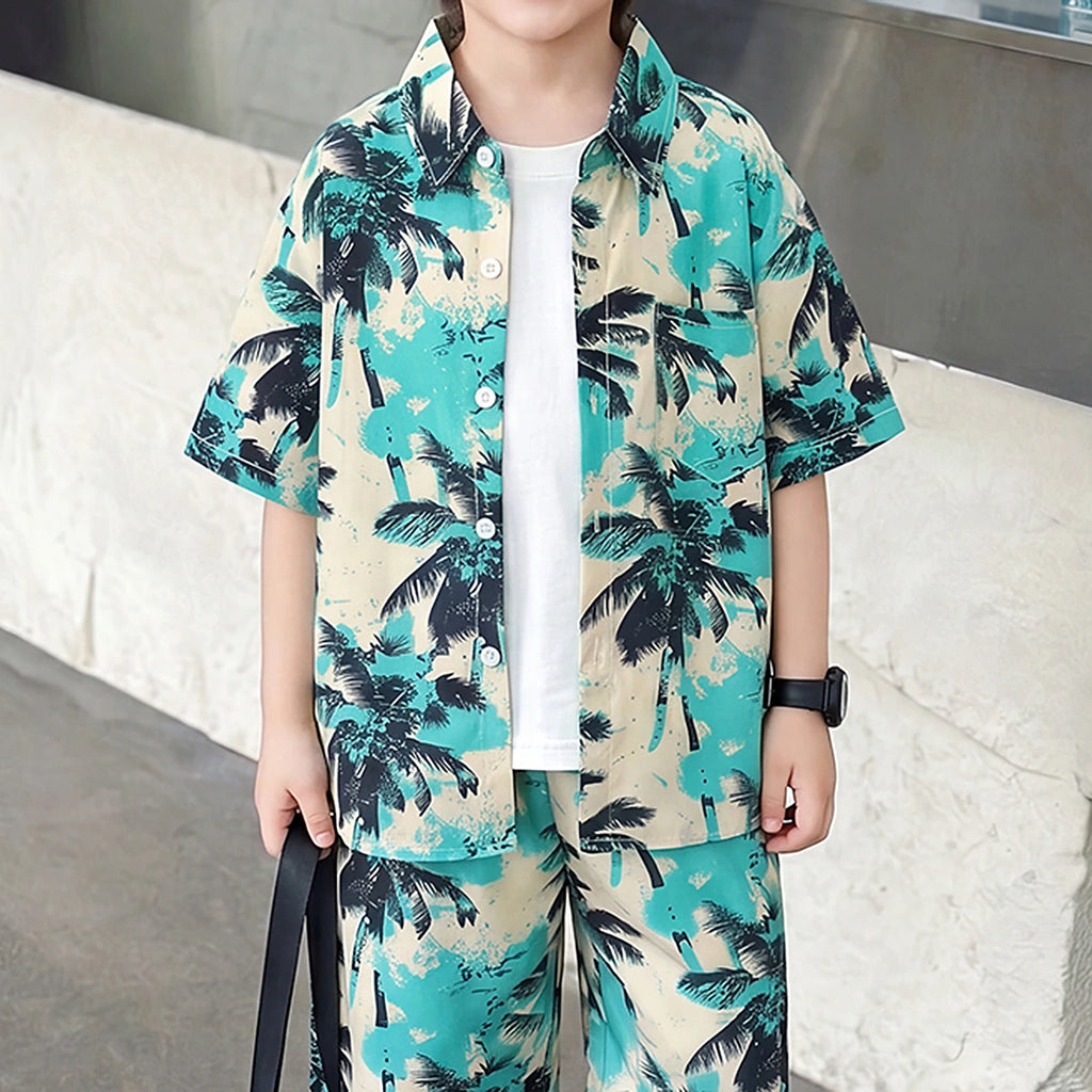 Boys Green Tropical Palm Print Shirt With Shorts Sets 2 pc. Sets