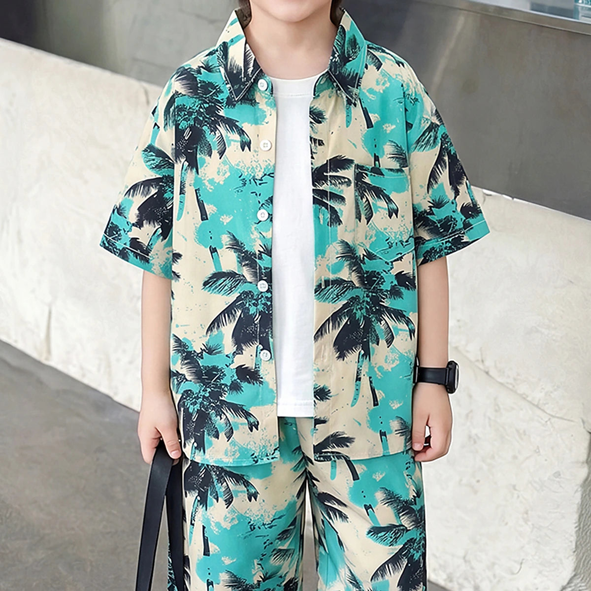 Boys Green Tropical Palm Print Shirt With Shorts Sets 2 pc. Sets
