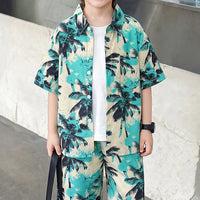 Boys Green Tropical Palm Print Shirt With Shorts Sets 2 pc. Sets