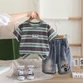 Boys Dark Grey Striped Short Sleeves T-Shirt With Denim Shorts Set 2 pc. Sets Dark Grey 1-2 Y