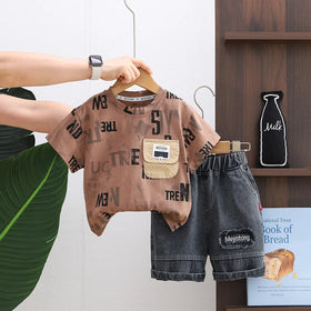Boys Brown Typographic Print T-Shirt With Denim Shorts Set Sets Brown 1-2 Y